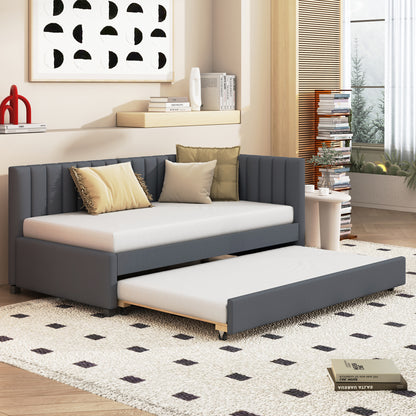 Upholstered Daybed with Trundle Twin Size Sofa Bed Frame No Box Spring Needed, Linen Fabric(Gray)