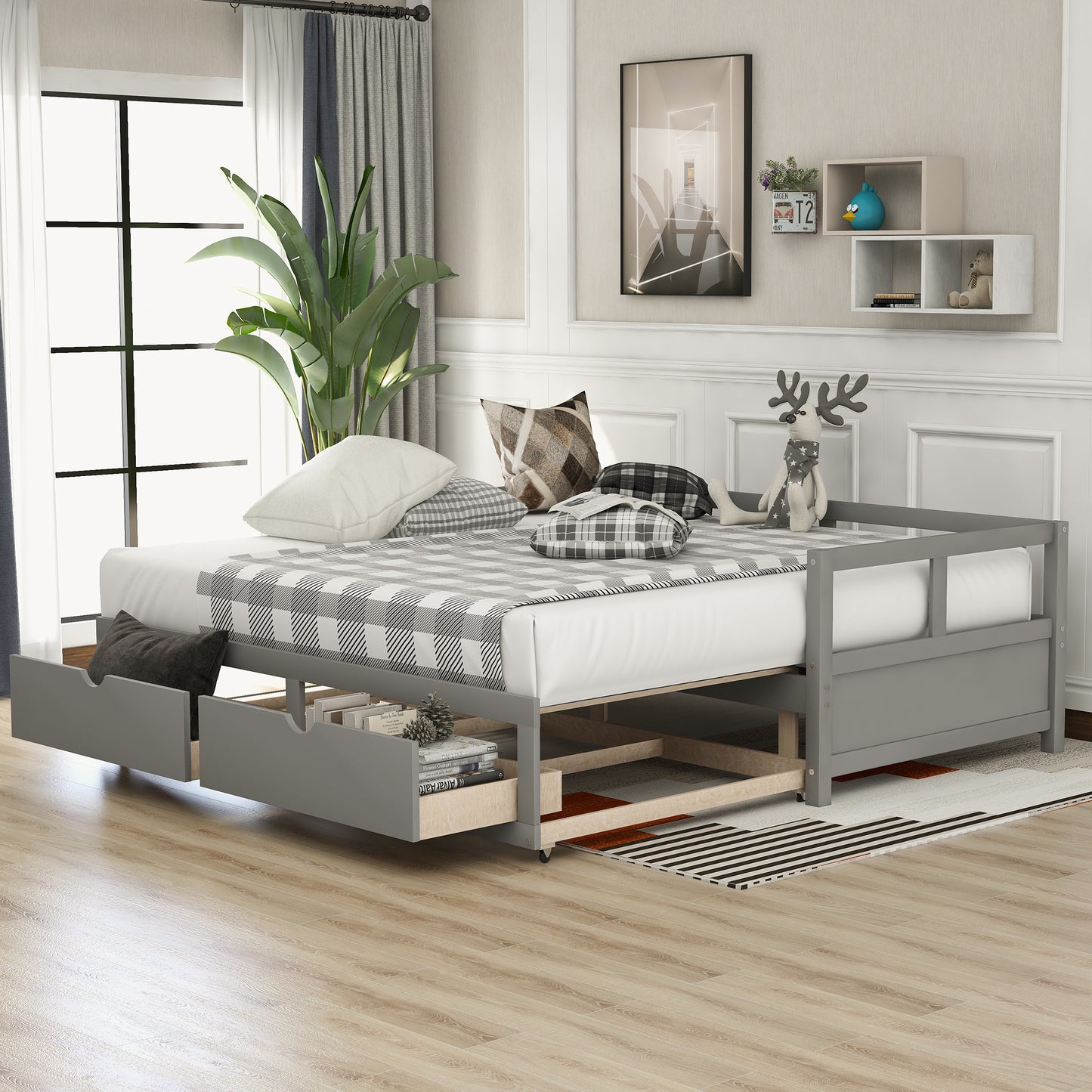 Wooden Daybed with Trundle Bed and Two Storage Drawers, Extendable Bed Daybed,Sofa Bed for Bedroom Living Room, Gray