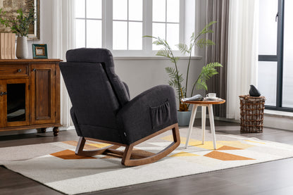 Rocking Chair, Modern Glider Chair, Recliner Armchair with Wood Legs and Side Pocket, Nursery Rocking Accent Chair with High Back for Living Room Bedroom (Black linen)