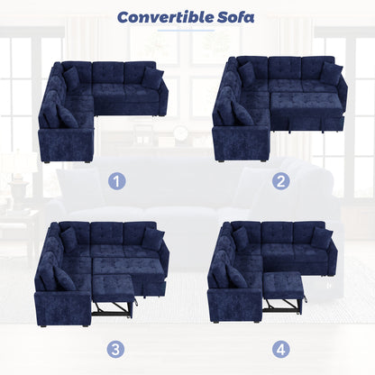 82.6" L-shape Sofa Bed Pull-out Sleeper Sofa with Wheels, USB Ports, Power Sockets for Living Room, Navy Blue