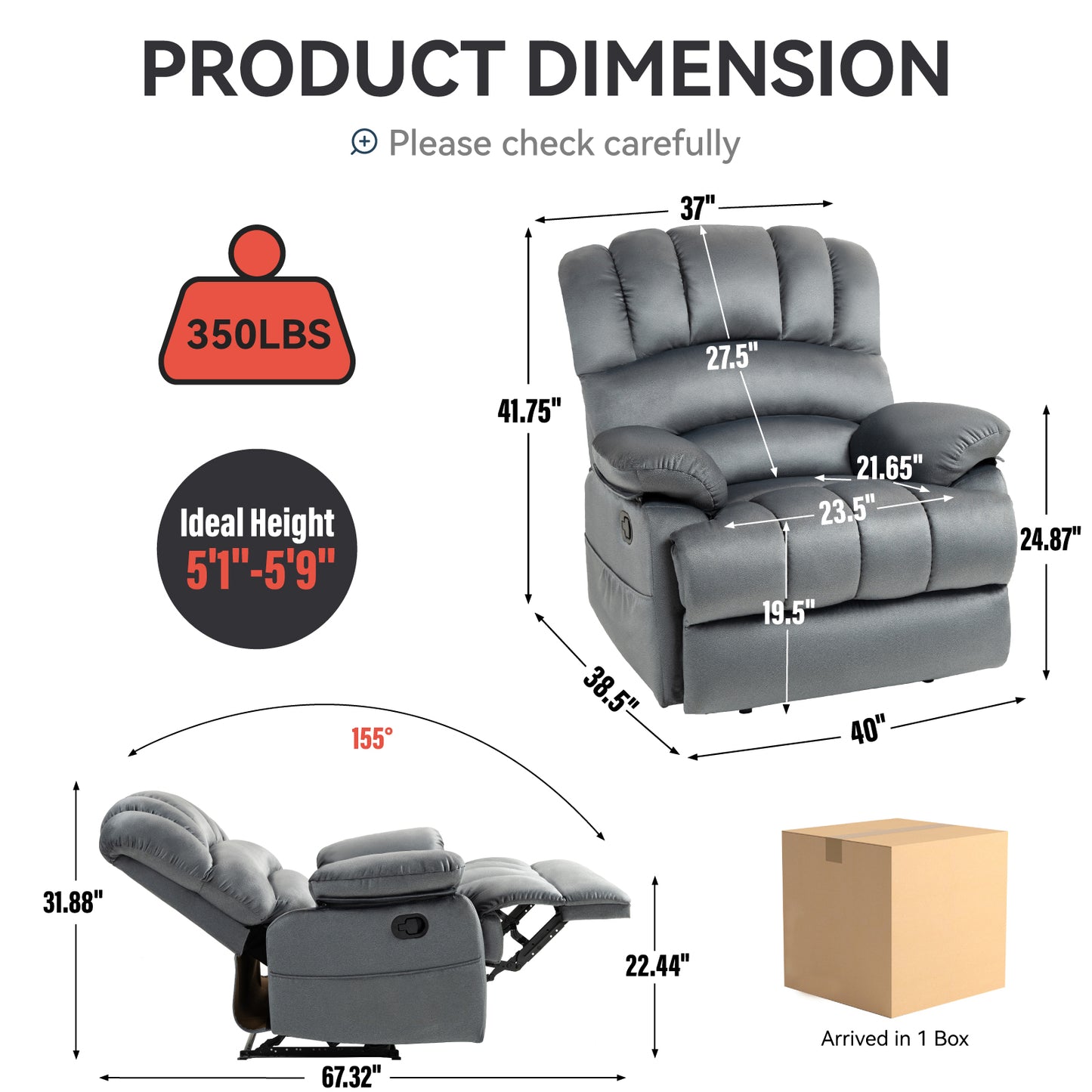 Large Manual Recliner Chair in Fabric for Living Room, Grey