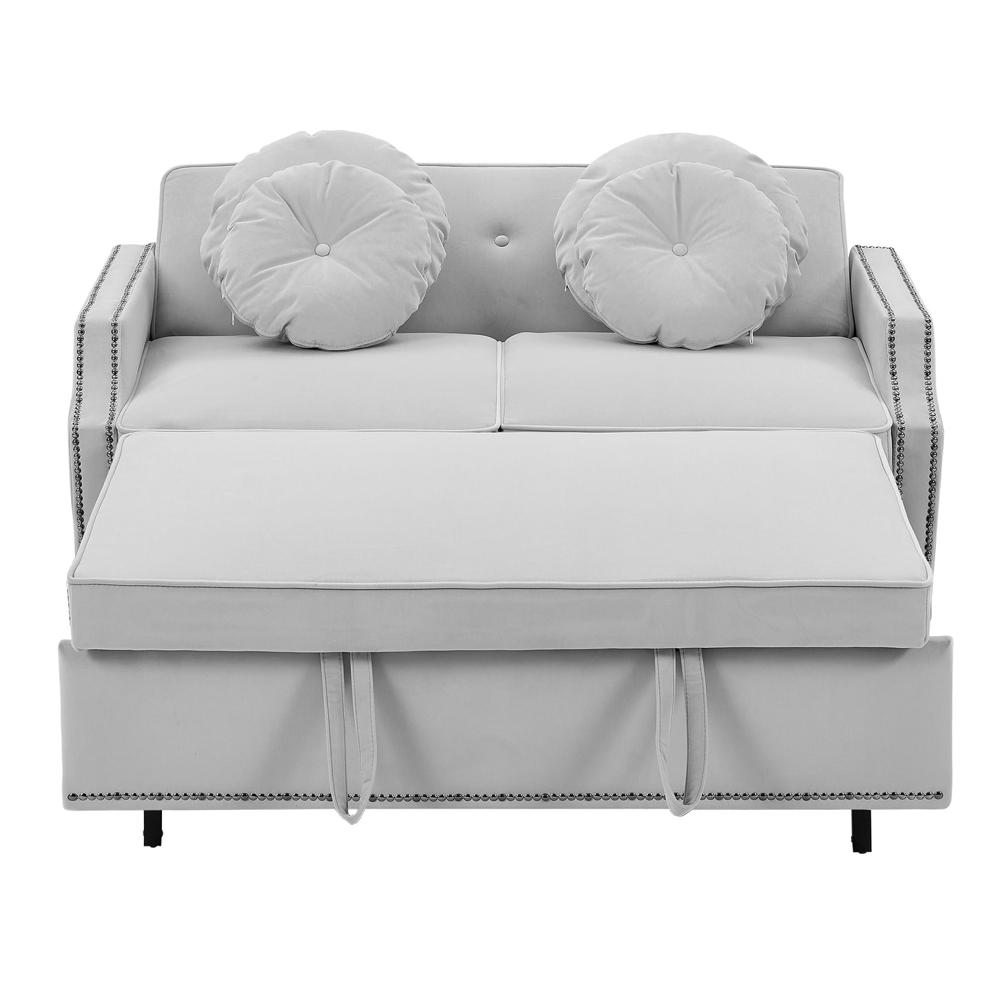 54.7" Multiple Adjustable Positions Sofa Bed Stylish Sofa Bed with a Button Tufted Backrest, Two USB Ports and Four Floral Lumbar Pillows for Living Room, Bedroom,or Small Space, Light Grey