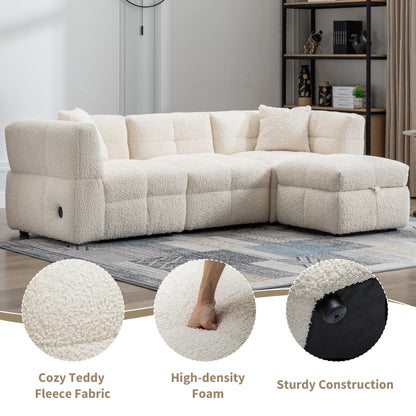 87.7" Sectional Sofa Cozy Teddy Fleece Fabric Sectional Sofa Couch with Two USB Ports a Movable Storage Ottoman and Two Lumbar Pillows for Living Room, Creamy White