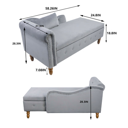 Grey Chaise Lounge Indoor,Velvet Lounge Chair for Bedroom with Storage & Pillow,Modern Upholstered Rolled Arm Chase Lounge for Sleeping with Nailhead Trim for Living Room Bedroom Office