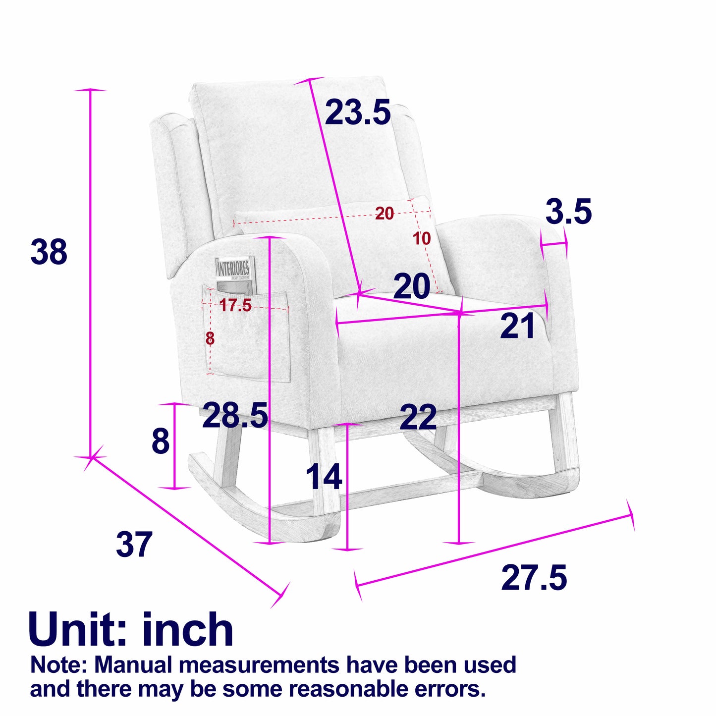 27.5 "W Modern Accent High Back Living Room Casual Armchair Rocker with One Lumbar Pillow, Two Side Pockets,Teddy.