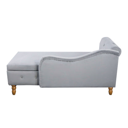 Grey Chaise Lounge Indoor,Velvet Lounge Chair for Bedroom with Storage & Pillow,Modern Upholstered Rolled Arm Chase Lounge for Sleeping with Nailhead Trim for Living Room Bedroom Office