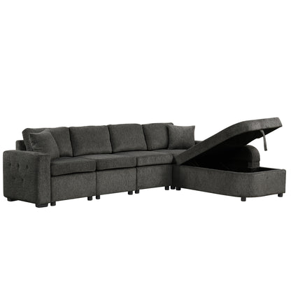 109.8"L-shaped Couch Sectional Sofa with Storage Chaise,Cup Holder and USB Ports for Living Room, Black