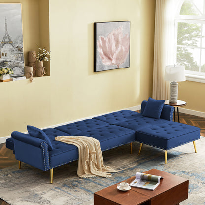 Modern Velvet Upholstered Reversible Sectional Sofa Bed, L-Shaped Couch with Movable Ottoman and Nailhead Trim For Living Room. (Blue)