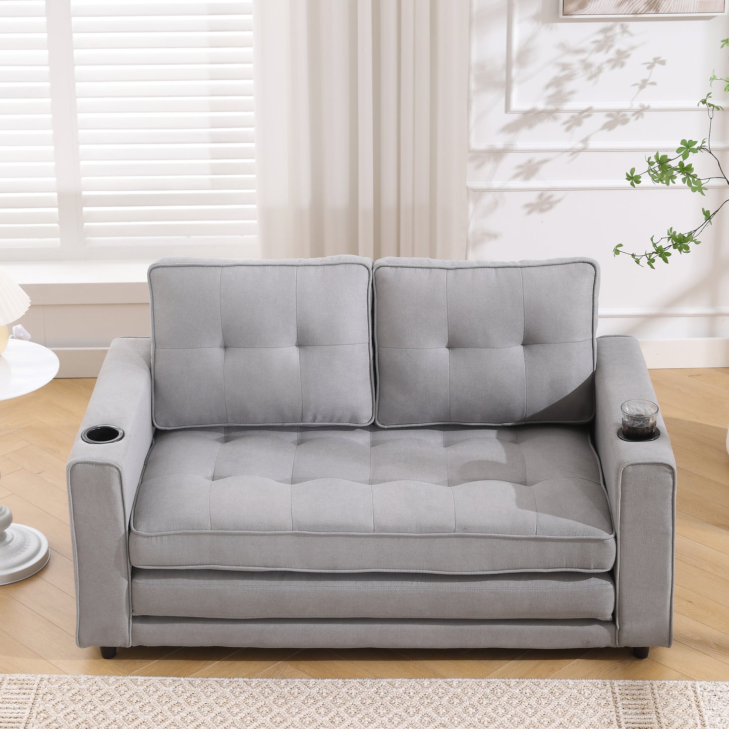 3-in-1 Upholstered Futon Sofa Convertible Sofa bed,Foldable Tufted Loveseat with Pull Out Sleeper Couch Bed,Folding Mattres Love Seat Daybed W/Side Pockets and Cup Holder, Light Gray