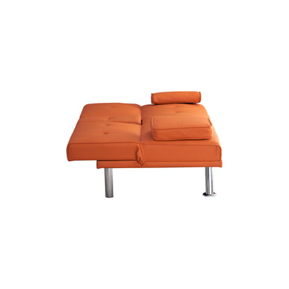 67" Orange Leather Multifunctional Double Folding Sofa Bed for Office with Coffee Table