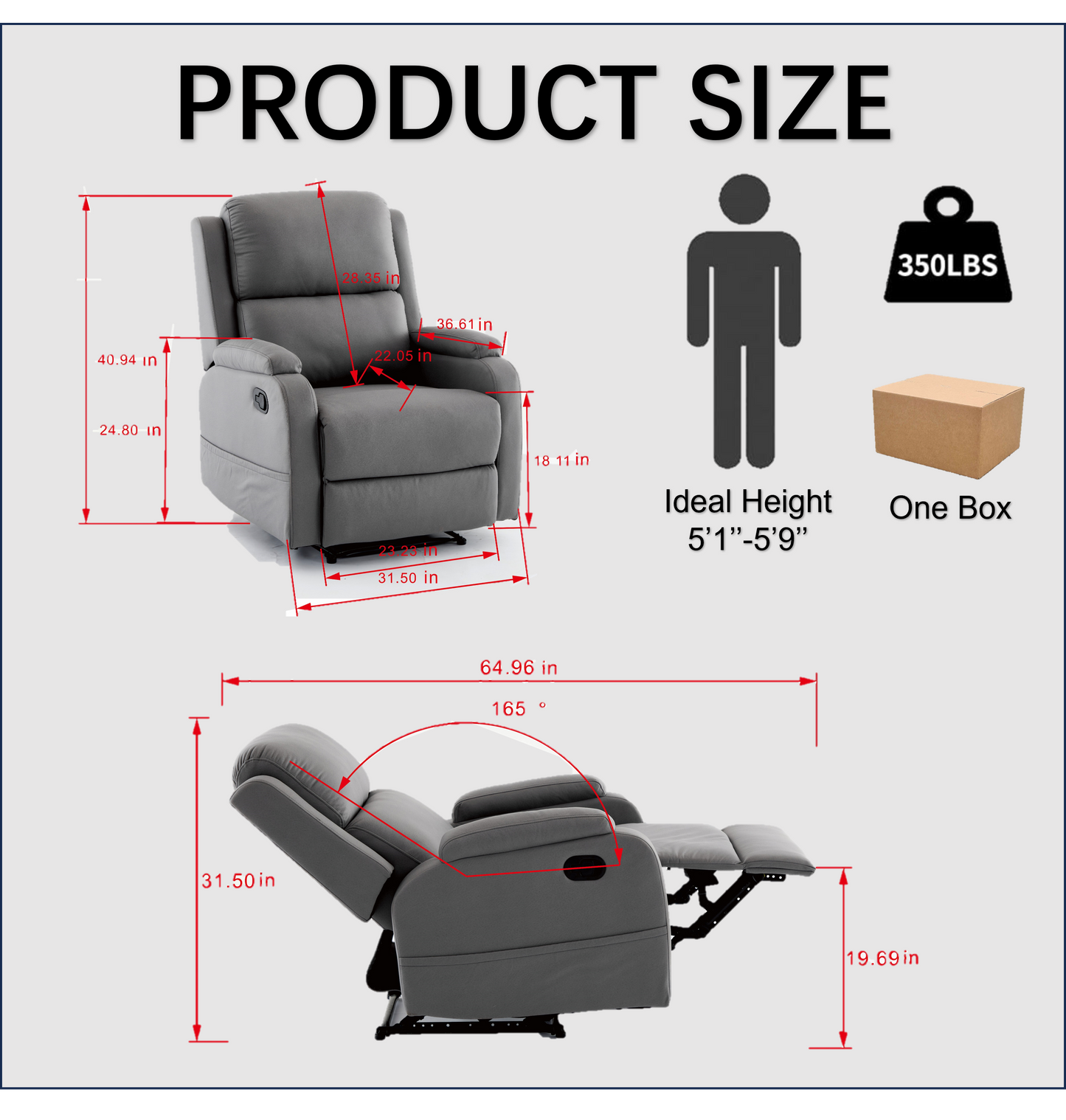 Best Choice Recliner Chair Living Room Reclining Sofa Chair, Home Theater Seating Modern Recliner, Manual Recliner Sofa Chair for Living Room/Office/Apartment, Easy-to-Reach Side Button - Gray