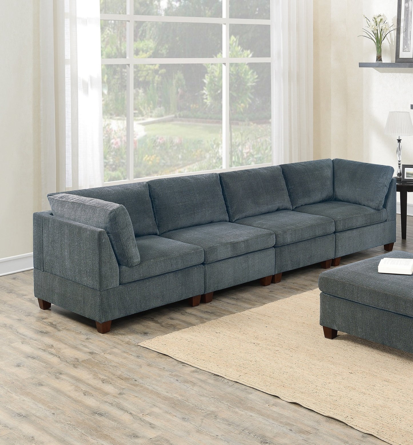 Living Room Furniture Grey Chenille Modular Sofa Set 8pc Set Large Family Sofa Modern Couch 4x Corner Wedge 3x Armless Chairs and 1x Ottoman Plywood