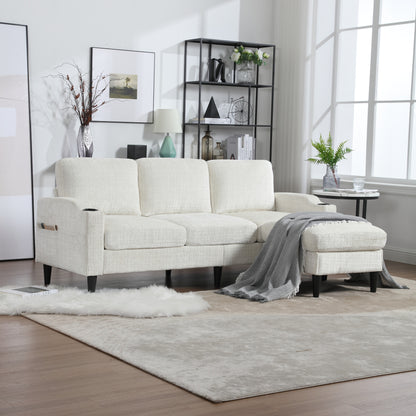 Sofa for three, solid wood frame, Chenille fabric, side pocket, with two cup holders, footstool with storagestorage sofa /Living room sofa cozy sectional sofa