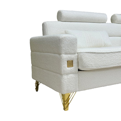 Elegant White Imitation wool circle fabric Sofa with Adjustable Headrests - Contemporary 3-Seat Couch with Gold Legs, Perfect for Living Room and Office Decor