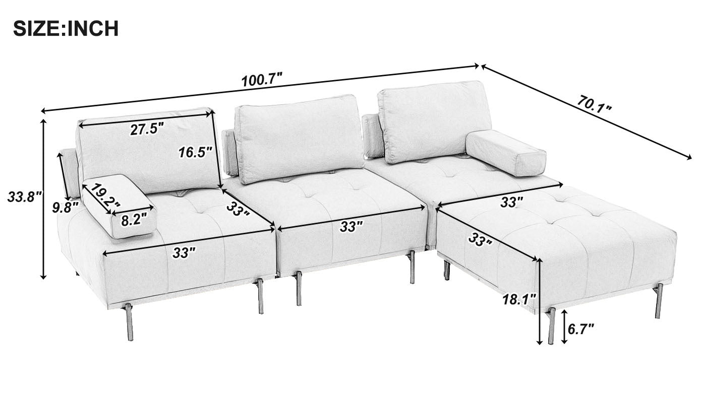 100.7'' L-Shape Sectional Sofa 3-Seater Couches with a Removable Ottoman, Comfortable Fabric for Living Room, Apartment, Grey