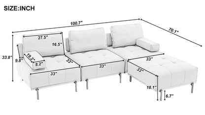 100.7'' L-Shape Sectional Sofa 3-Seater Couches with a Removable Ottoman, Comfortable Fabric for Living Room, Apartment, Grey