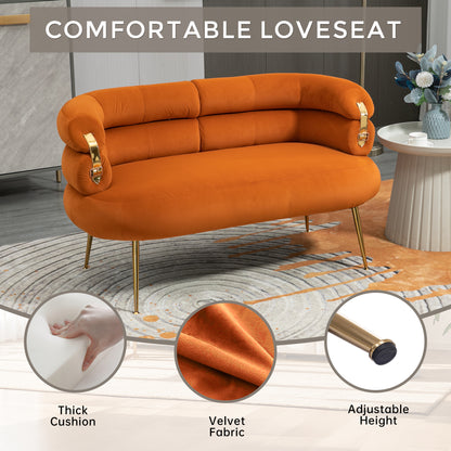 Small Loveseat Sofa, Upholstered Mini Couch with Curved Backrest with Stylish Golden Decor, Small Comfy Love Seat Leisure Accent Couch for Living Room, Bedroom, Office