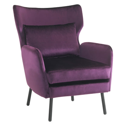 Velvet Accent Chair, Modern Living Room Armchair Comfy Upholstered Single Sofa Chair for Bedroom Dorms Reading Reception Room with Metal Legs & Pillow, Purple