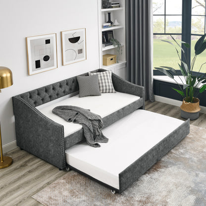 Size Daybed with Twin Size Trundle Upholstered Tufted Sofa Bed, with Button on Back and Copper Nail on Waved Shape Arms, Grey (80.5"x41"x30.5")