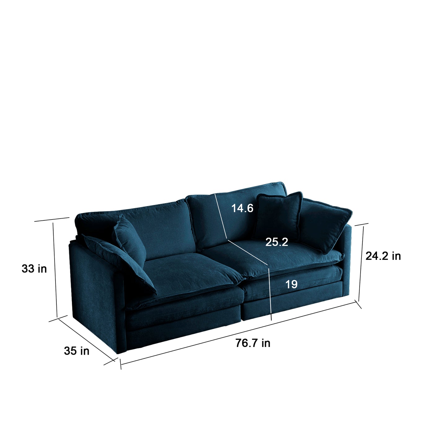 4 - Piece Upholstered Sectional Sofa, 1 - Piece of 2 Seater Sofa and 2- Piece of Ottomans, 2 Seater Loveseat Lounge with Ottomans, Blue Chenille