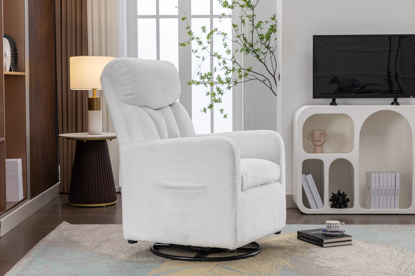 022-Teddy Fabric Swivel Rocking Chair Gilder Chair With Pocket,White