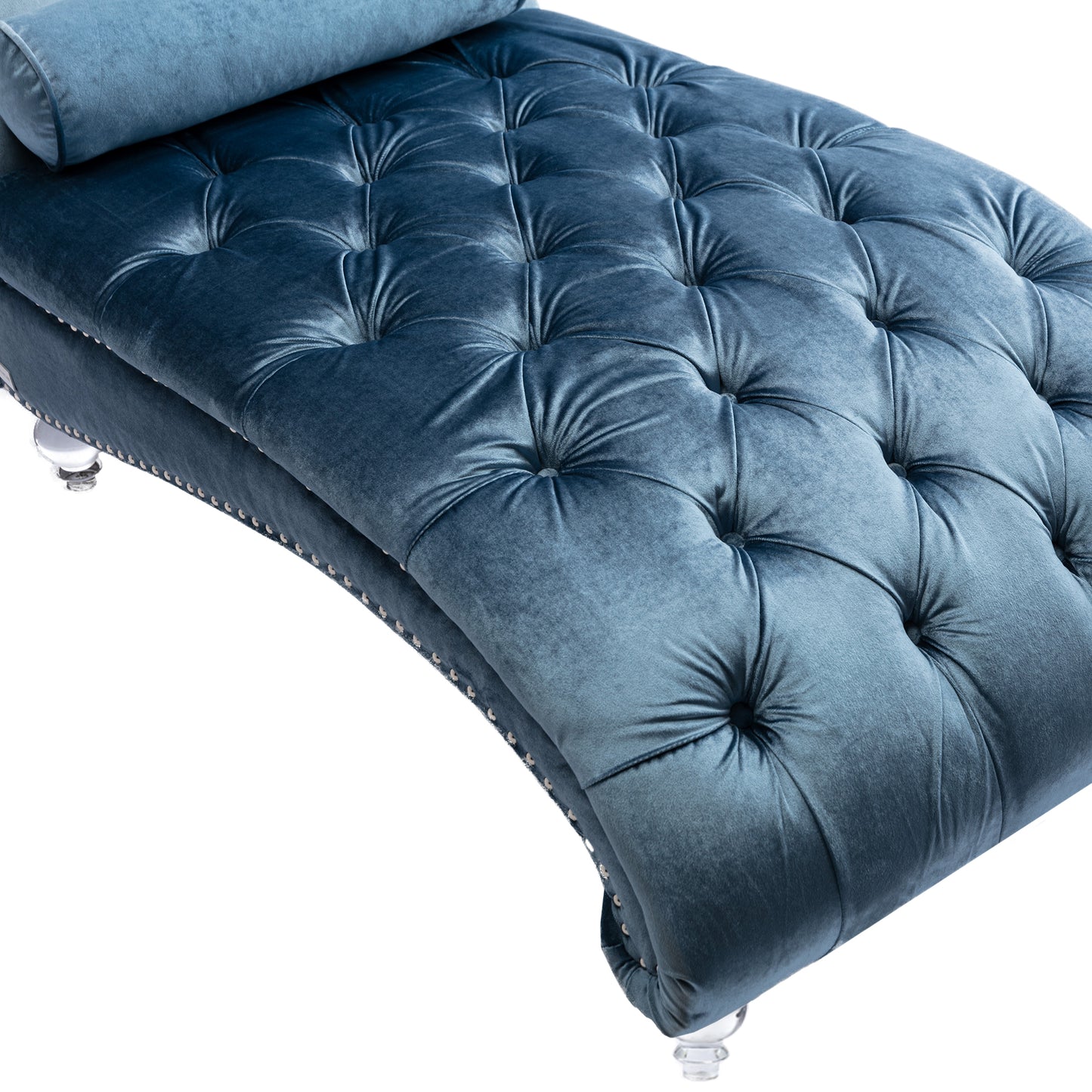 Velvet Chaise Lounge Indoor,Button-Tufted Upholstered Chaise Lounge Chair with Pillow for Bedroom Living Room Office (Light Blue Velvet)