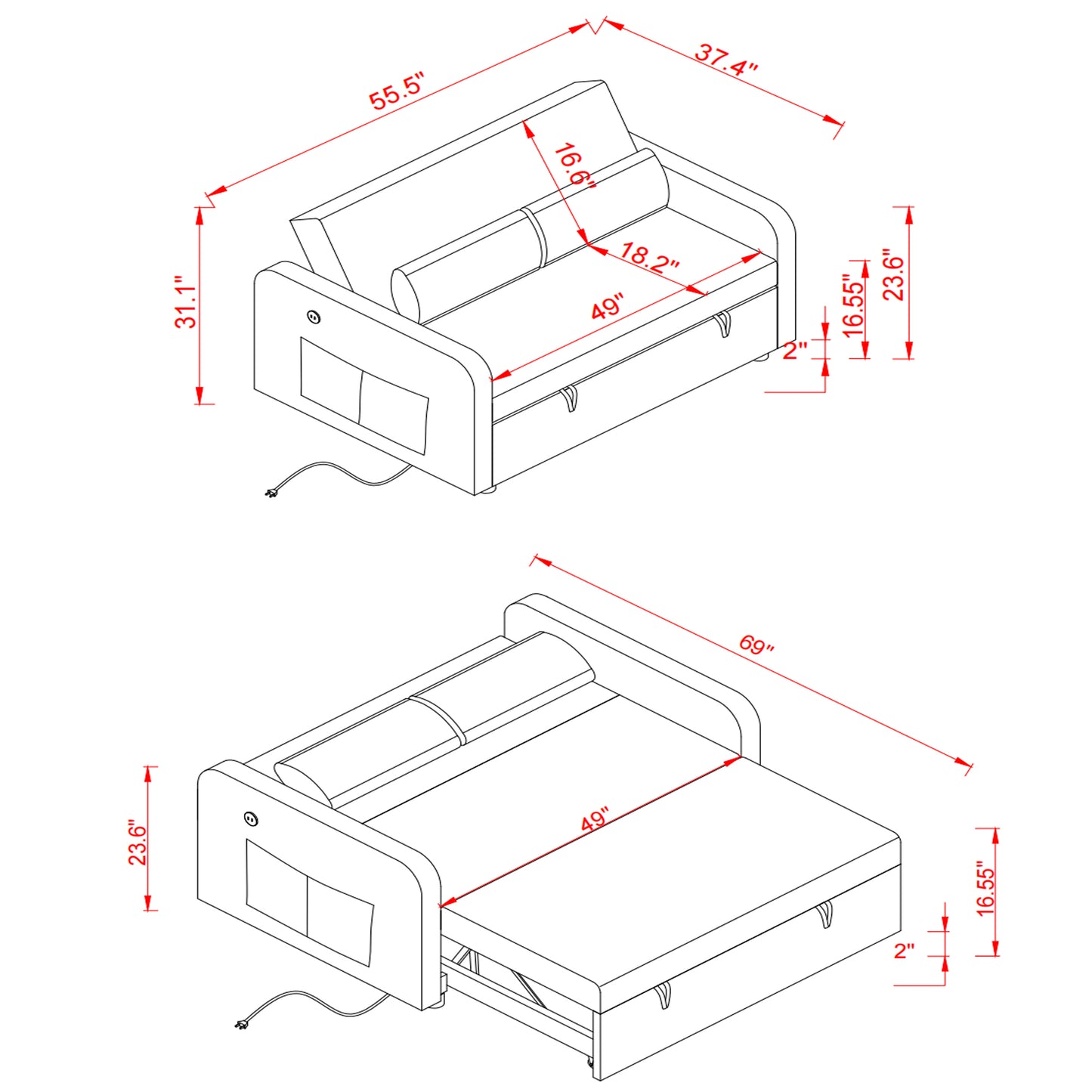 Tiwns Sofa Bed Black Fabric