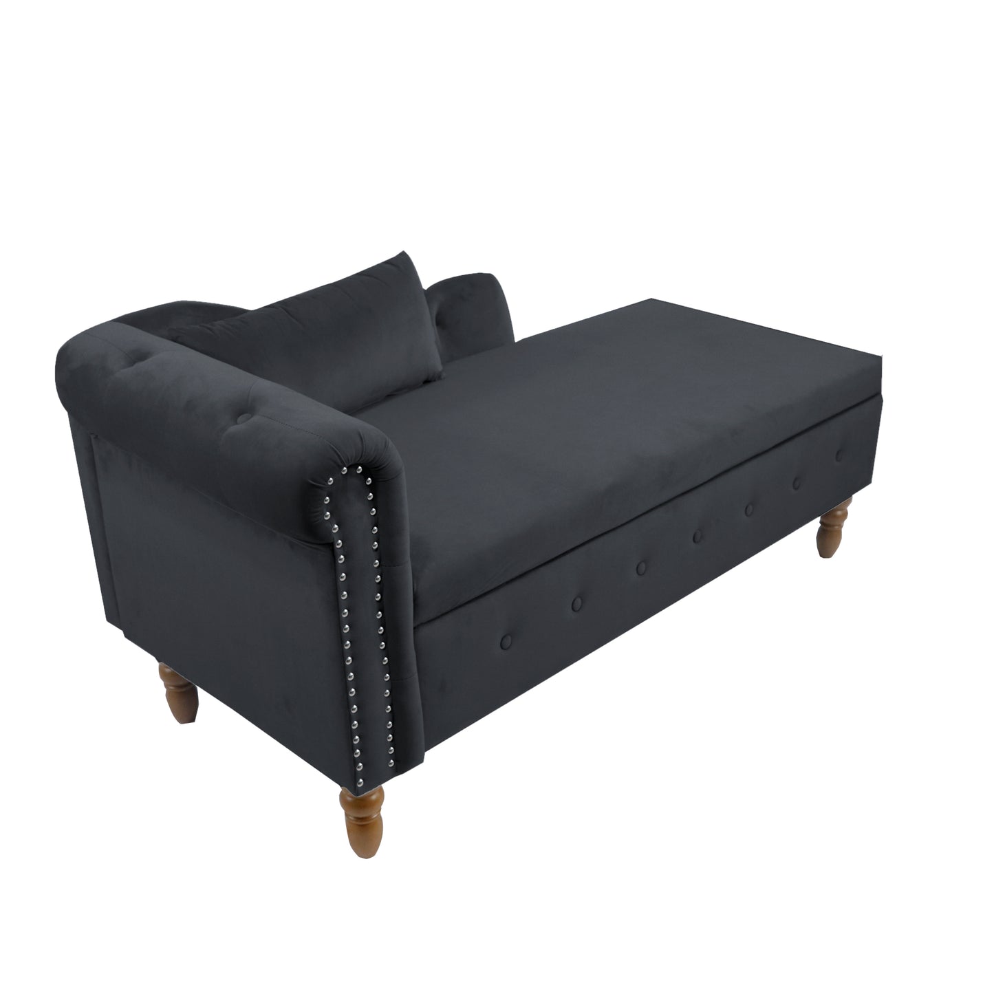 Black Chaise Lounge Indoor,Velvet Lounge Chair for Bedroom with Storage & Pillow,Modern Upholstered Rolled Arm Chase Lounge for Sleeping with Nailhead Trim for Living Room Bedroom Office