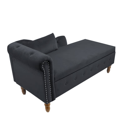 Black Chaise Lounge Indoor,Velvet Lounge Chair for Bedroom with Storage & Pillow,Modern Upholstered Rolled Arm Chase Lounge for Sleeping with Nailhead Trim for Living Room Bedroom Office