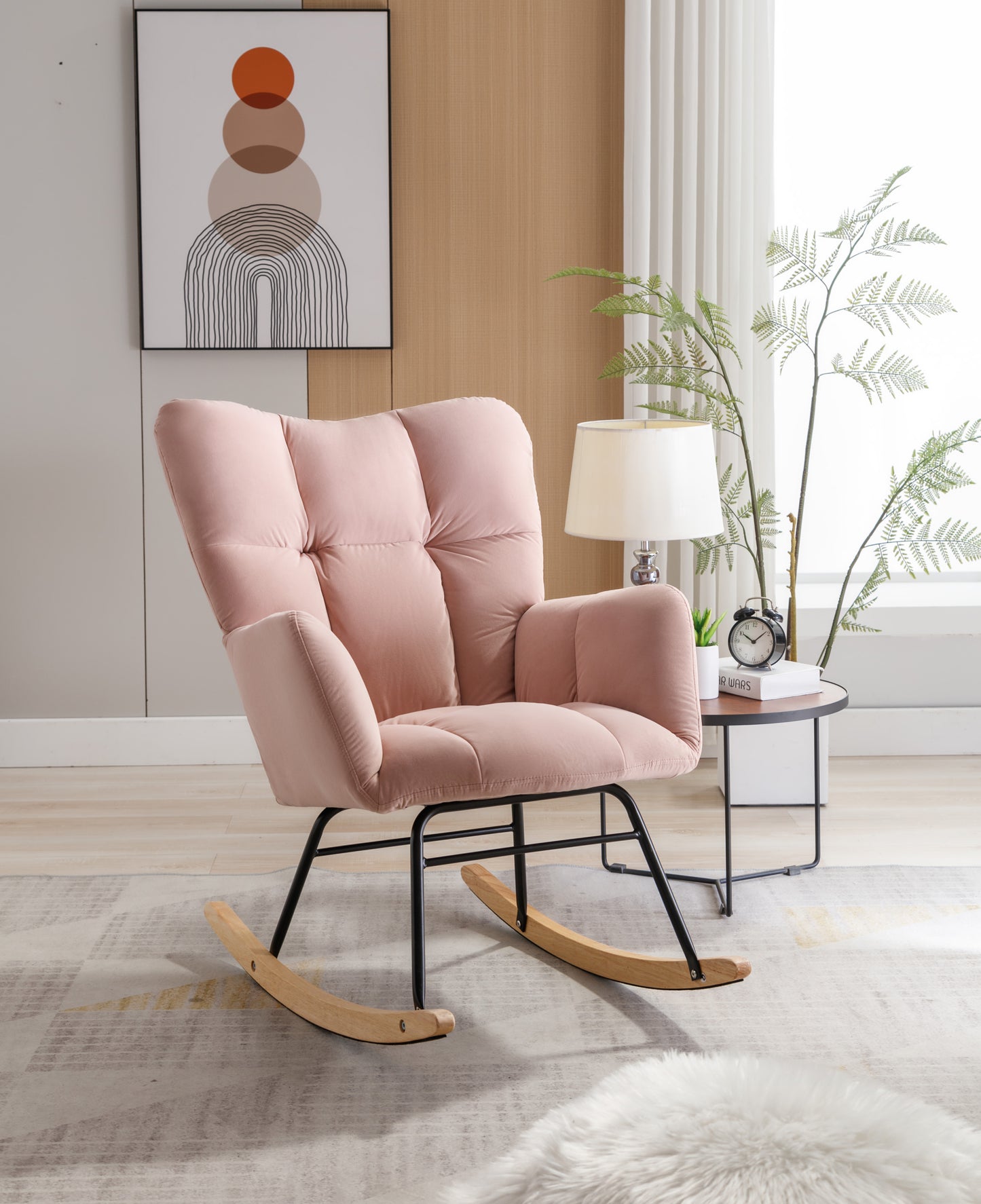 Mid Century Modern Velvet Tufted Upholstered Rocking Chair Padded Seat for Living Room Bedroom, Pink