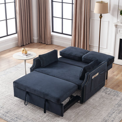 50" Velvet Upholstered Sleeper Sofa bed with Side Storage Pockets, Nailhead Design, 2-Seater Sofa with 2 Pillows and removeable Backrest Pull-out Sofa Bed for Small Spaces in Living Rooms, Apartm