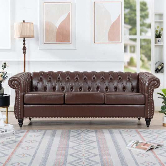 84.65" Dark Brown PU Rolled Arm Chesterfield Three Seater Sofa.