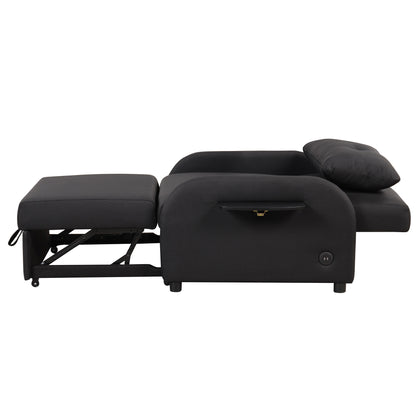 Pull out sofa sleeper 3 in 1 with 2 wing table and usb charge for nap line fabric for living room recreation room Black