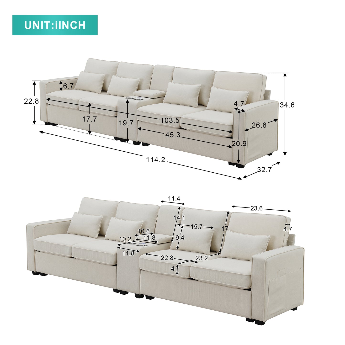 114.2" Upholstered Sofa with Console, 2 Cupholders and 2 USB Ports Wired or Wirelessly Charged, Modern Linen Fabric Couches with 4 Pillows for Living Room, Apartment