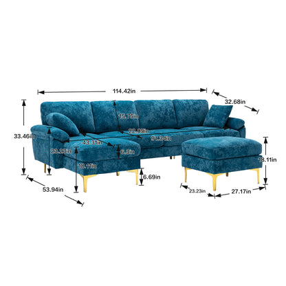 U-shape sectional sofa with Ottoman, Reversible Sofa Couch for Living Room,Spacious Furniture,Durable Couch Removable and machine washable cover (Light Blue Velvet)