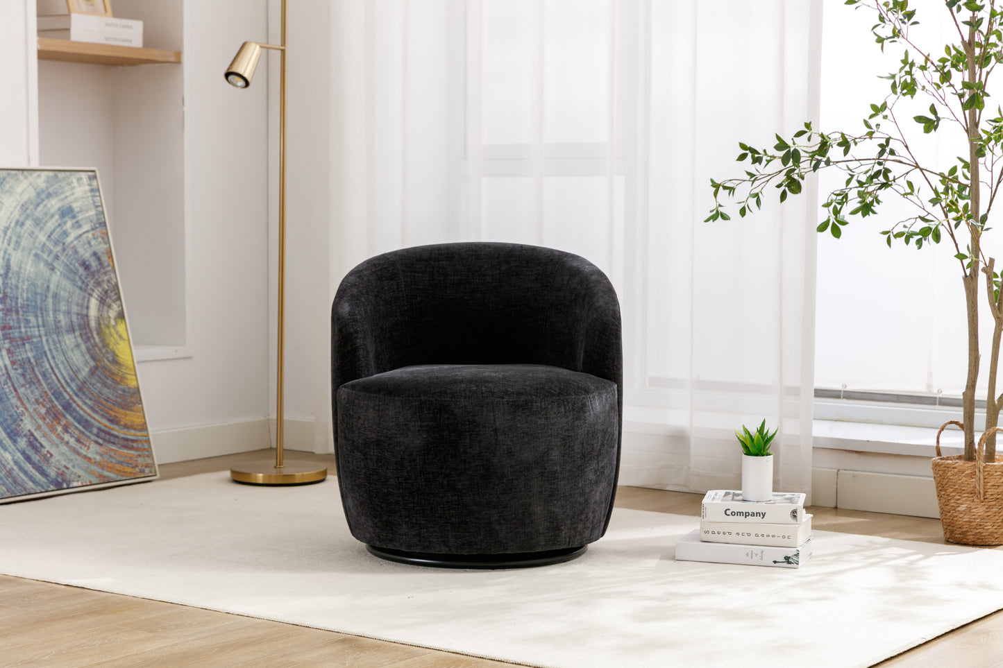 Fabric Swivel Accent Armchair Barrel Chair With Black Powder Coating Metal Ring,Black