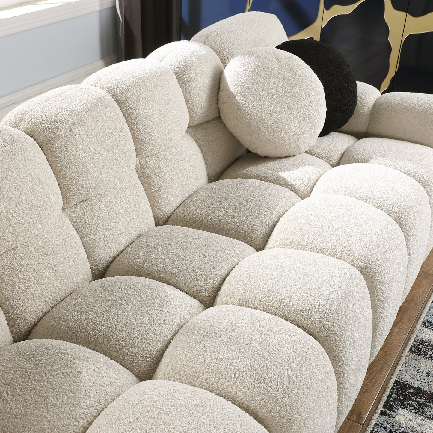 87.4 length,35.83" deepth,human body structure for USA people, marshmallow sofa,boucle sofa,3 seater, BEIGE BOUCLE