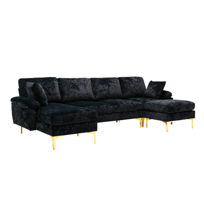 U-shape sectional sofa with Ottoman, Reversible Sofa Couch for Living Room,Spacious Furniture,Durable Couch Removable and machine washable cover (Black Velvet)