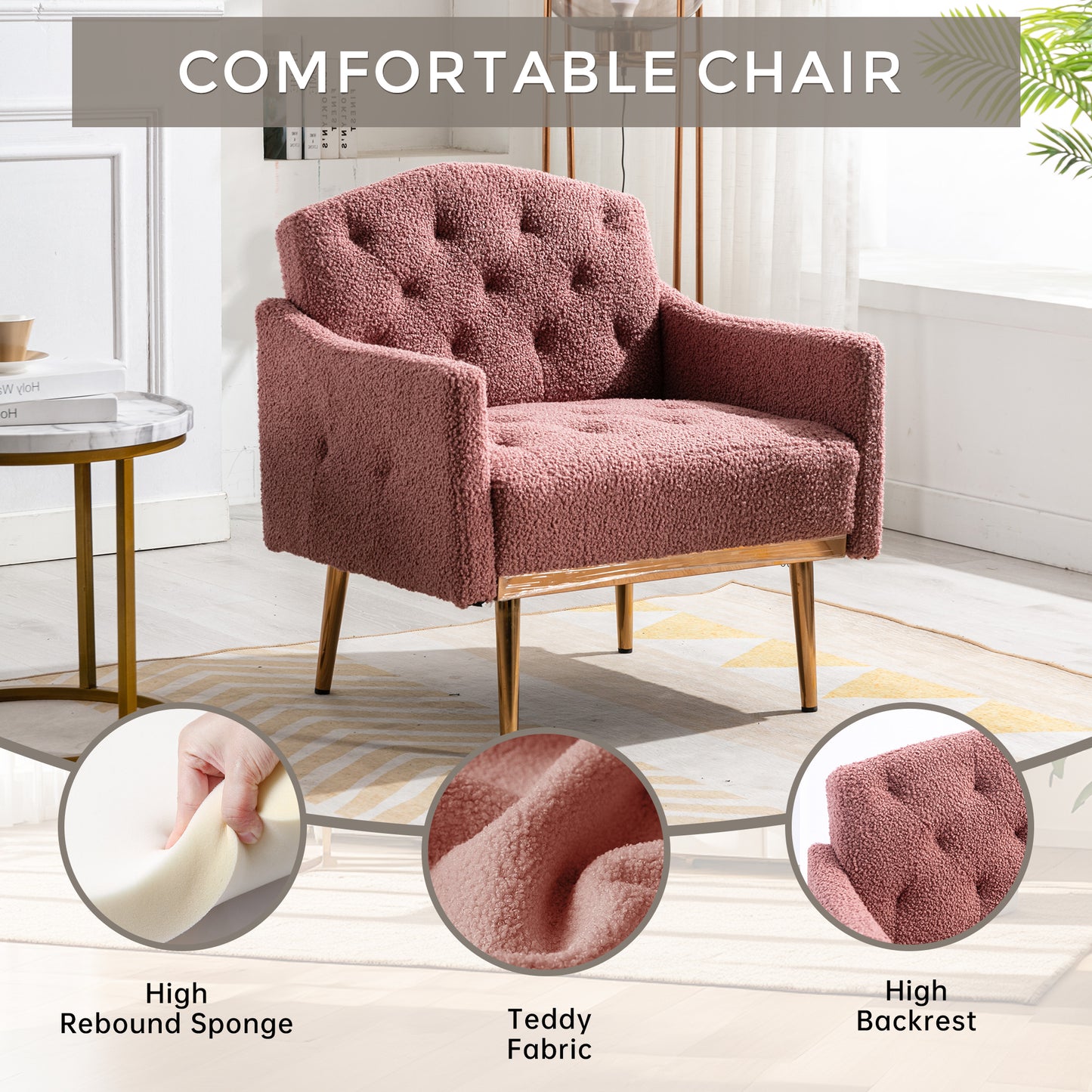 Modern Accent Chair with Arms, Tufted Decorative Fabric Armchair with Gold Metal Legs, Upholstered Reading Chair for Living Room Bedroom Office