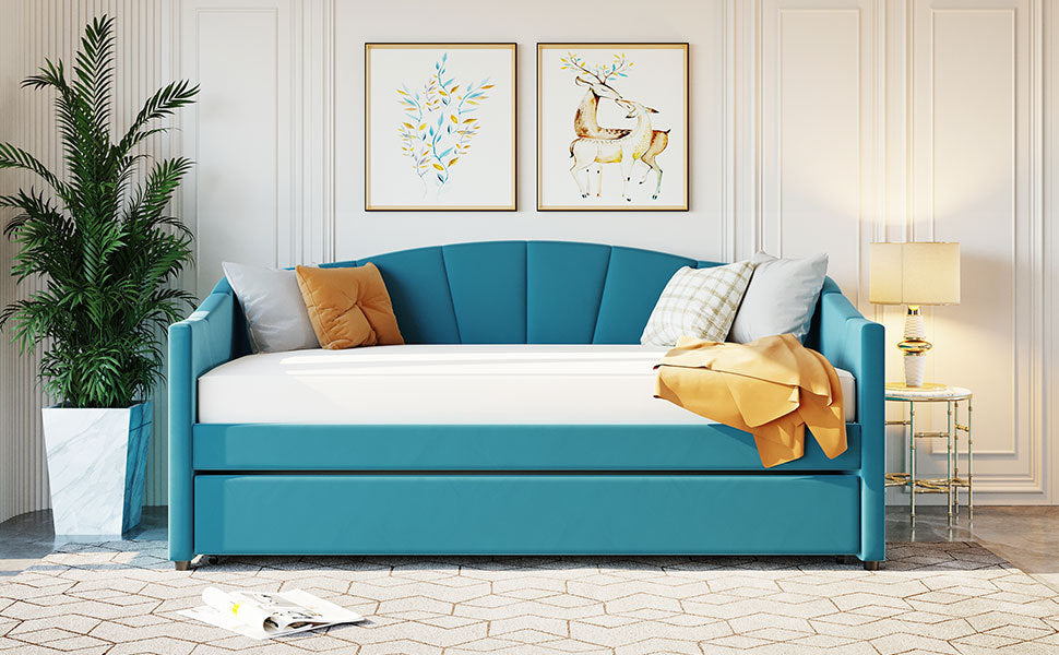 Upholstered Daybed Sofa Bed Twin Size With Trundle Bed and Wood Slat,Blue