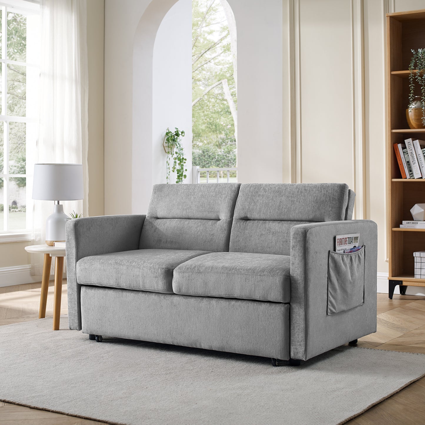 Loveseats Sofa Bed with Pull-out Bed, Adjsutable Back and Two Arm Pocket,Grey