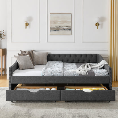 Queen Size Daybed with Drawers Upholstered Tufted Sofa Bed,,with Button on Back and Copper Nail on Waved Shape Arms(84.5"x63.5"x26.5")