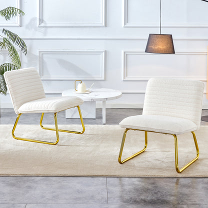 One White minimalist armless sofa chair with plush cushion and backrest paired with golden metal legs, suitable for offices, restaurants, kitchens, bedrooms