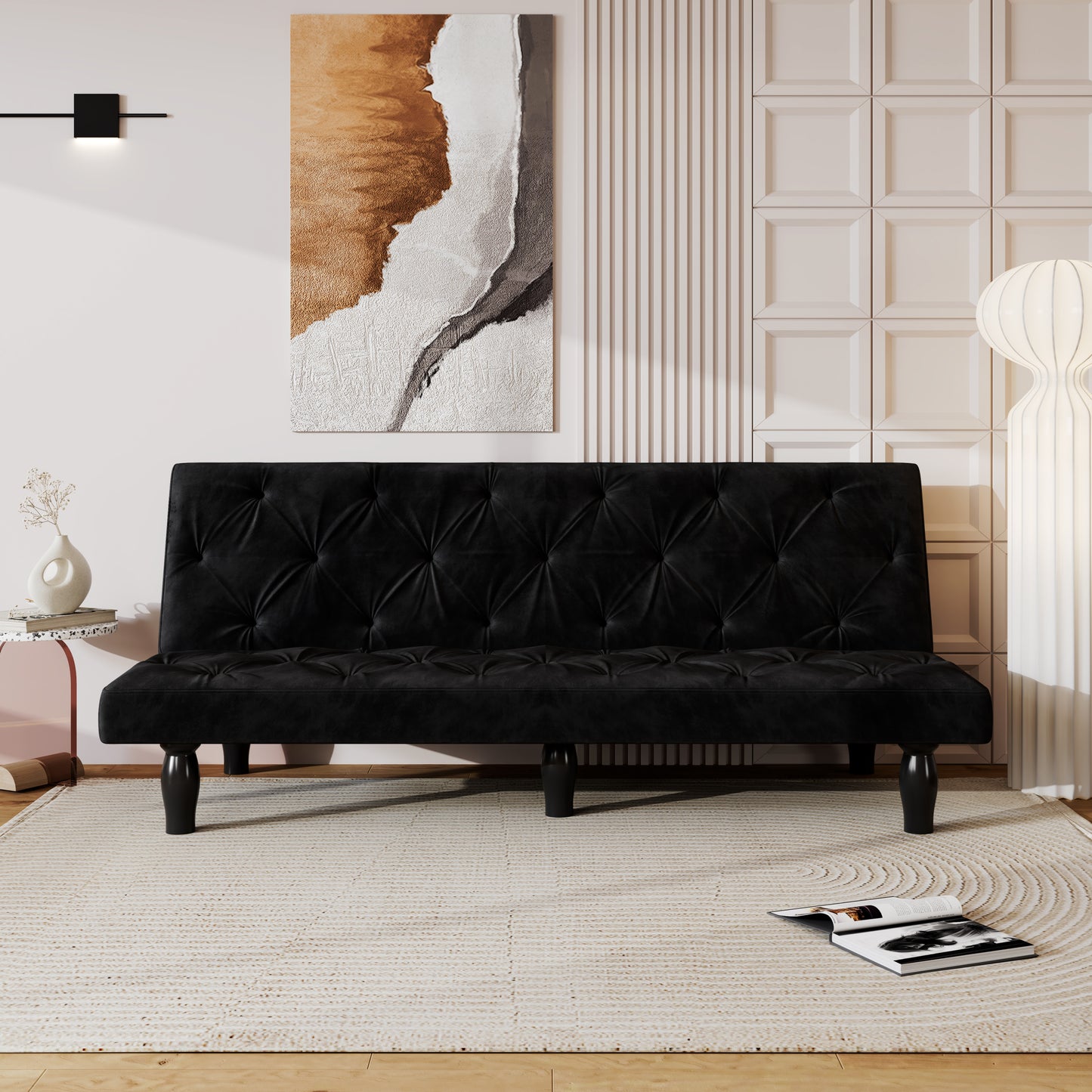 2534B Sofa converts into sofa bed 66" black velvet sofa bed suitable for family living room, apartment, bedroom