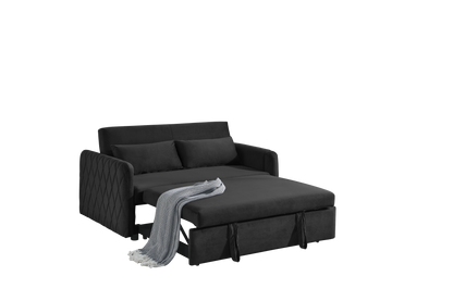 55" Modern Convertible Sofa Bed with 2 Detachable Arm Pockets, Velvet Loveseat Sofa with Pull Out Bed, 2 Pillows and Living Room Adjustable Backrest, Grid Design Armrests