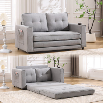 3-in-1 Upholstered Futon Sofa Convertible Sofa bed,Foldable Tufted Loveseat with Pull Out Sleeper Couch Bed,Folding Mattres Love Seat Daybed W/Side Pockets and Cup Holder, Light Gray