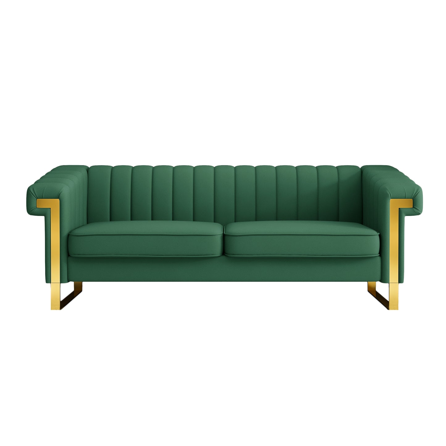 SOFA Modern Green PU Sofa with Gold Accents - Sleek Channel-Tufted Upholstery, 3-Seat Couch for Living Room and Office Decor