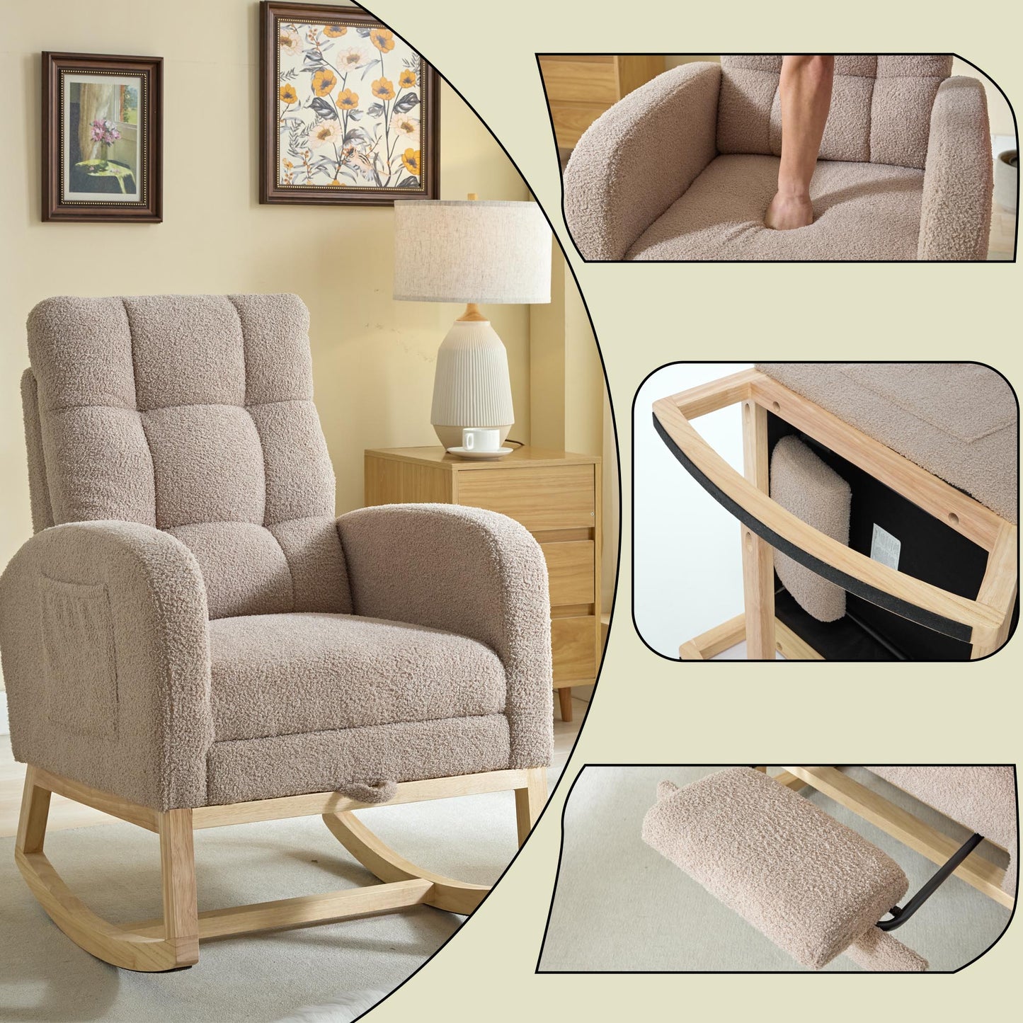 Modern Accent Rocking Chair with Solid Wood Legs, adjustable Footrest,Comfy Armchair with Side Pocket, Living Room Lounge Arm Chair with High Backrest