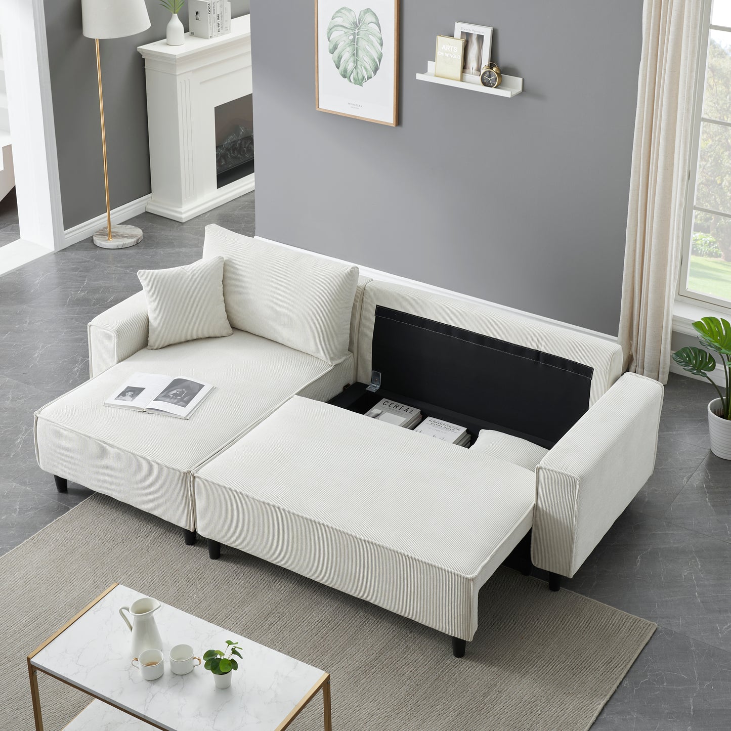 The 93-inch beige corduroy sofa bed comes with two pillows to fit in the living room and the apartment is not overcrowded