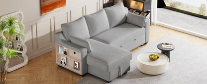 90" Pull Out Sleeper Sofa L-Shaped Couch Convertible Sofa Bed with Storage Chaise, Storage Racks and USB Ports, Light Grey